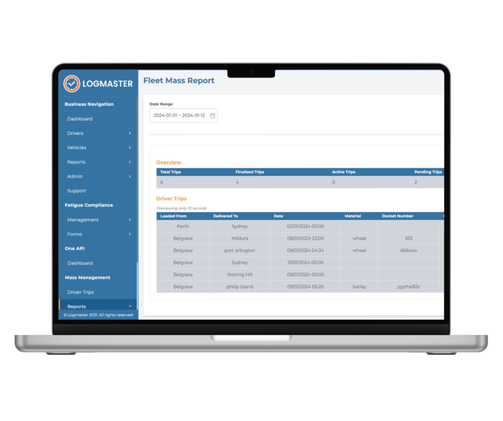 Fleet mass report dashboard in Logmaster
