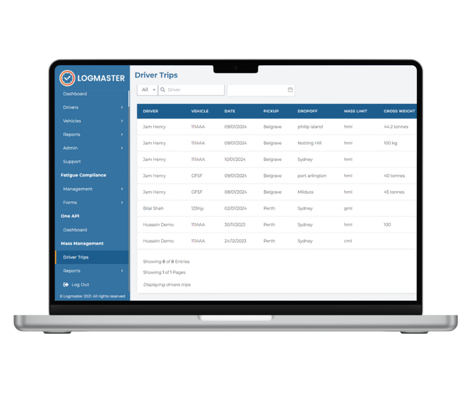 Driver trips report in Logmaster