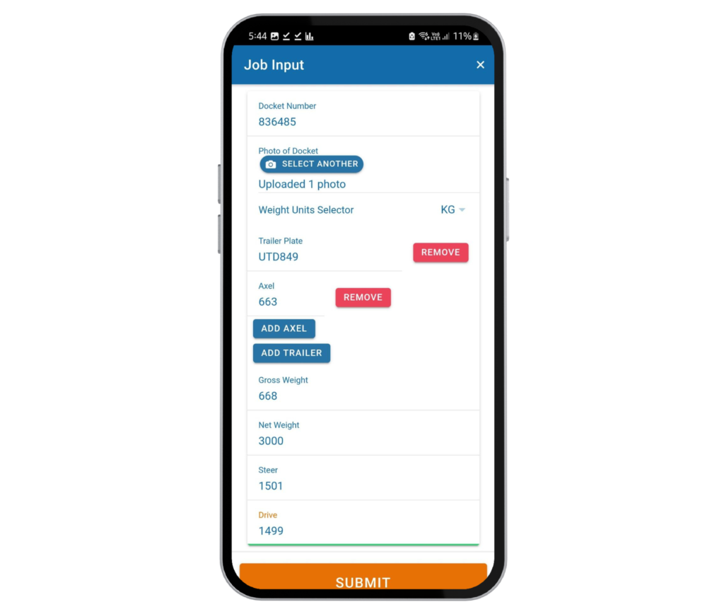 Job input screen with docket and axle details